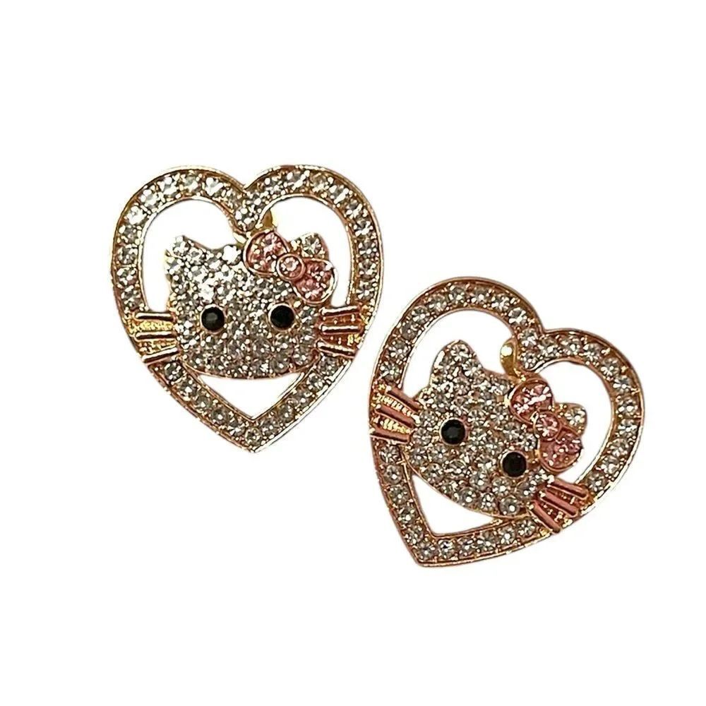 Hello Kitty Crystal Heart Pink Bow Gold Stud Earrings